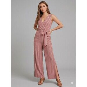 Monteau Surplice Wide Leg Small Pink White Pinstripe Sleeveless Pockets Boho